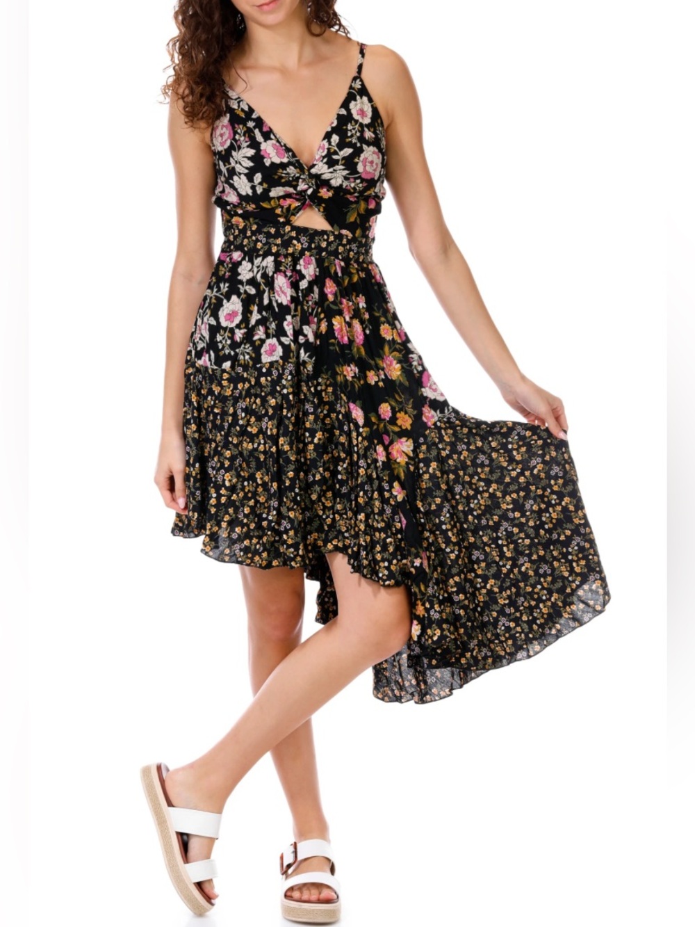 Angie Black Floral High-Low Cutout Sundress S